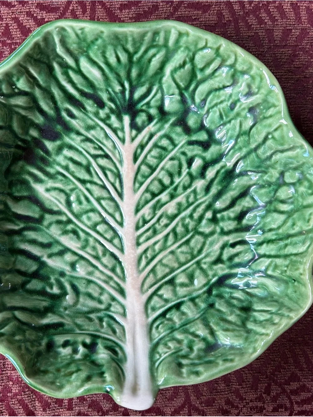 Vintage Cabbage Leaf Green Ceramic Serving Bowl Portugal 9”